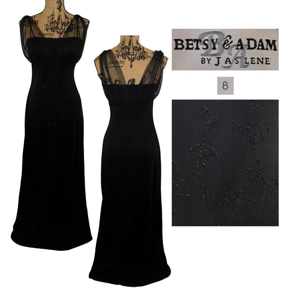 Vintage Betsy & Adam Full Length Beaded Dress Black Size 8 Formal Maxi Prom